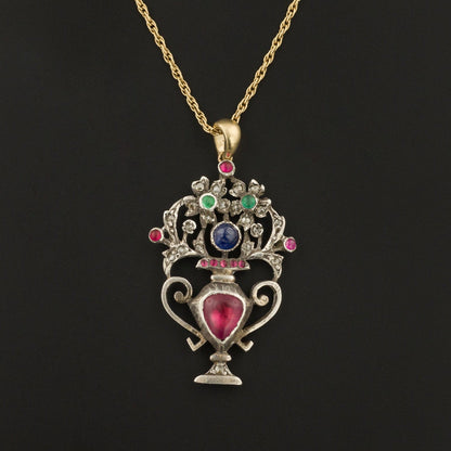 Antique Gemstone Giardinetti Flower Basket Conversion Pendant