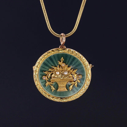 Antique Guilloche Enamel Flower Basket Pendant Brooch of 14k Gold