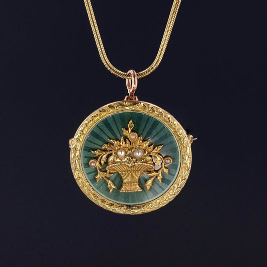 Antique Guilloche Enamel Flower Basket Pendant Brooch of 14k Gold