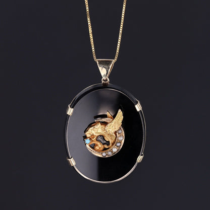 Antique Griffin on Onyx Conversion Pendant of 14k Gold