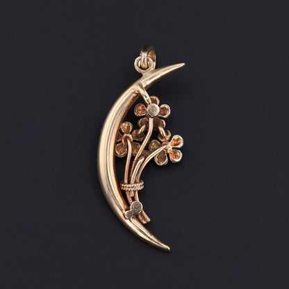 Antique Forget-me-not Pendant | 14k Gold, Enamel & Pearl Crescent Pendant