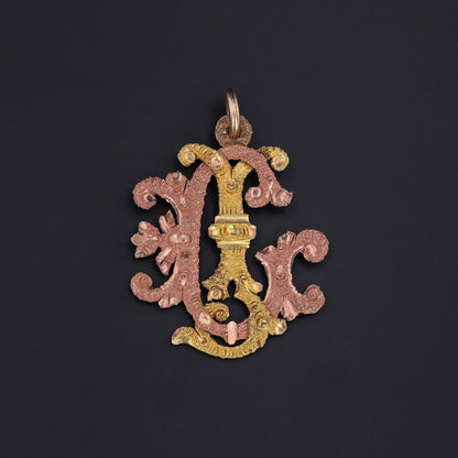 Antique GJ or JG Initial Pendant of 10k Rose and Yellow Gold
