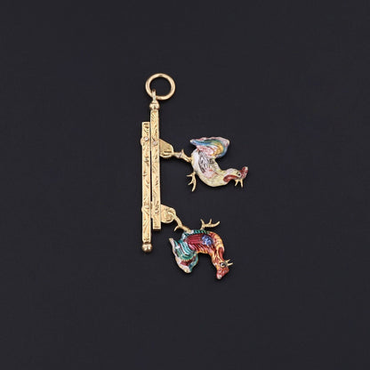 Antique Enamel Moveable Cockfight Pendant of 14k Gold