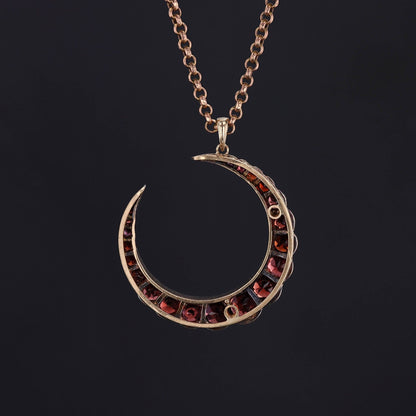 Antique Garnet Crescent Moon | Silver Topped 14k Gold Pendant on Optional 9ct Gold Chain