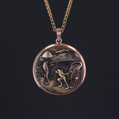 Antique Frog Shakudo Pendant Mounted in 14k Rose Gold