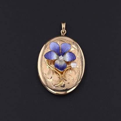 Antique Enamel Violet Locket of 14k Gold