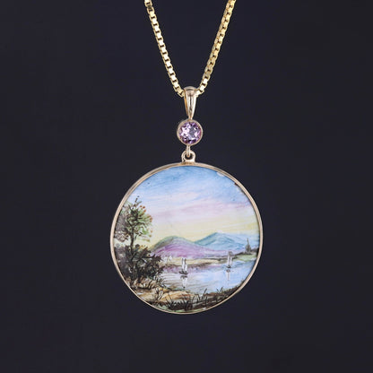 Antique Hand Painted Enamel Landscape Pendant of 14k Gold