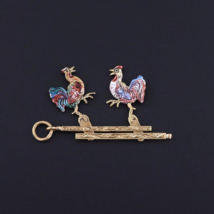Antique Enamel Moveable Cockfight Pendant of 14k Gold