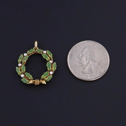 Antique Enamel Wreath Pendant of 14k Gold